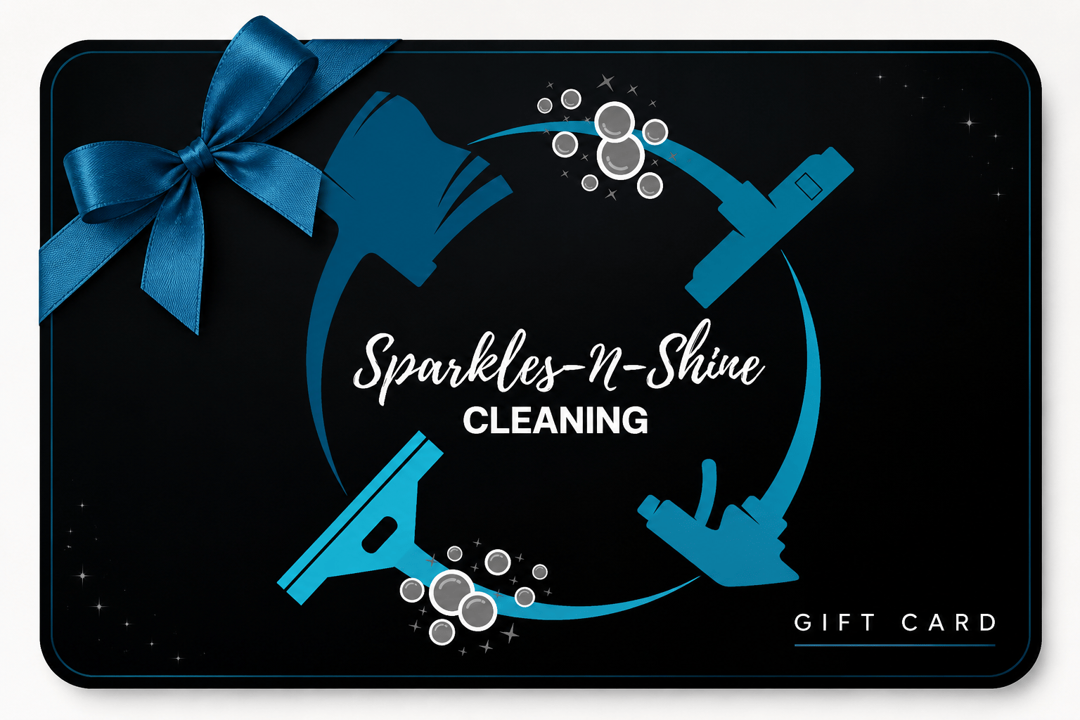 Sparkles-N-Shine Cleaning gift card with a blue satin ribbon, for house cleaning in Denver Metro